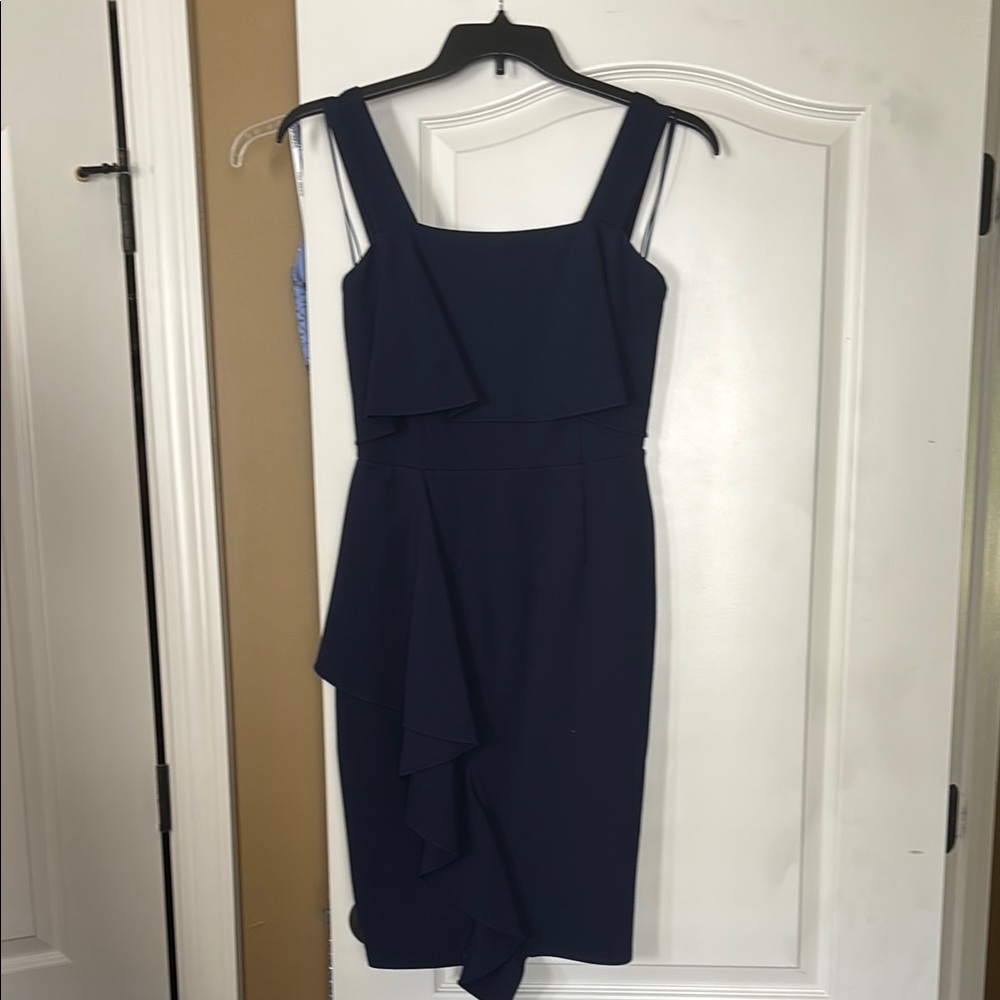 Blue Asymmetrical Sheath Dress with Square Neck